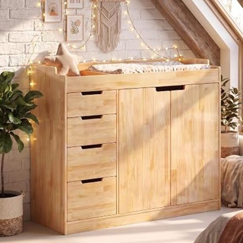 47.2" Solid Wood Baby Changing Table Dresser, Natural