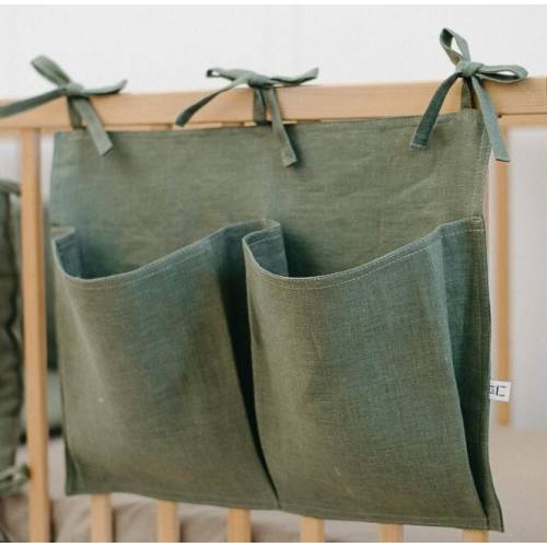 Linen Crib Organizer OLIVE GREEN: Minimalist Baby Crib and Cot Storage Solution
