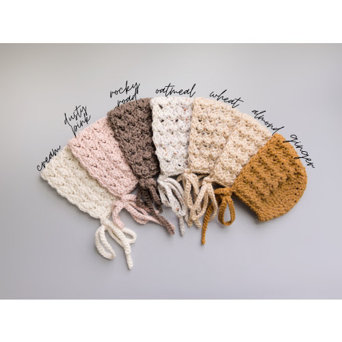 Crochet Baby Bonnets in Ginger, Dusty Pink, Oatmeal, and Cream from sizes Newborn to Toddler, Handmade Baby Shower Gift