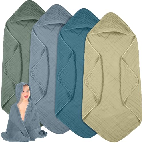 Peryiter 4 Pcs Muslin Hooded Baby Towels 32x32inch Cotton Newborn Bath Essentials Muslin Infant Blankets Absorbent Registry Baby Shower Present for Babies Girl Boy Kids (Green Series)