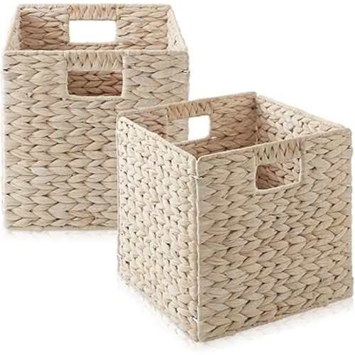 Casafield 10.5" x 10.5" Hyacinth Storage Baskets, Whitewash - Set of 2 Storage Organizers, Woven Wicker Cubes for Bathroom, Bedroom, Laundry, Shelves