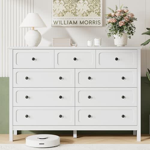 White Dresser for Bedoom, Modern Chest of Drawers, Wood 9 Drawer Dresser with Metal Handles, Modern Dressers & Chest of Drawers for Living Room, Hallway, Entryway