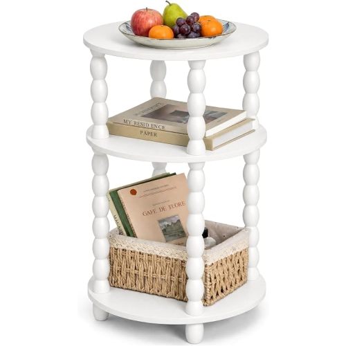 3-Tier Round Side Table, Small End Table with Solid Wood Spindle Legs White