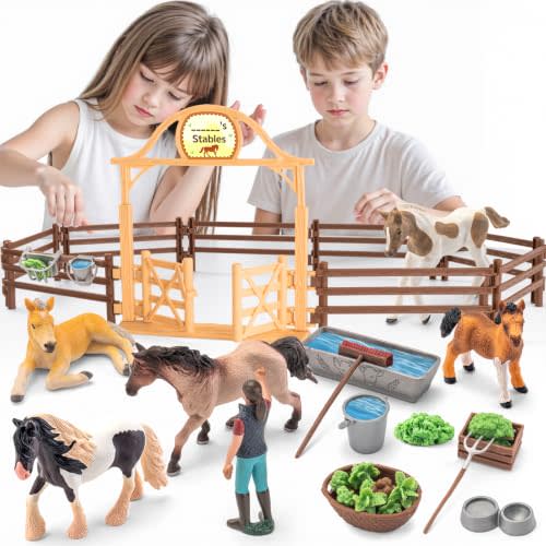 THINKBAY 35 PCS Horse Toys Farm Set, Solid Realistic Animal Toy, Girls Toys | Solid Realistic Horse Pony Figurines, 35 PCS Stable Barn Playset, Farm Animals Birthday Party Gift for Kids Ages 3+ Boys