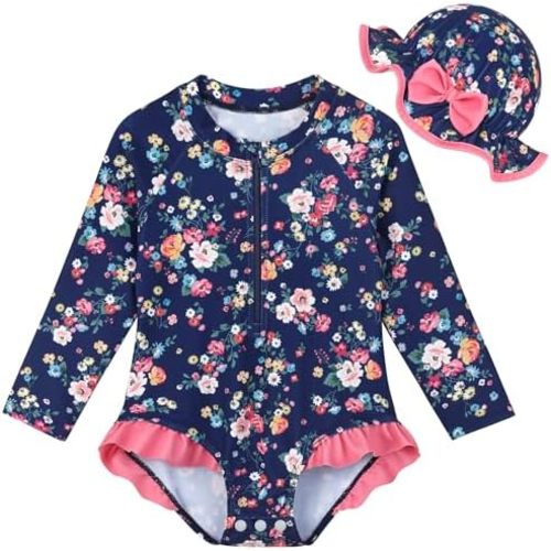 AlisOker Infant Baby Girl Swimsuit Long Sleeve Rash Guard One Piece Swimwear with Hat Ruffle Bathing Suit with Zipper