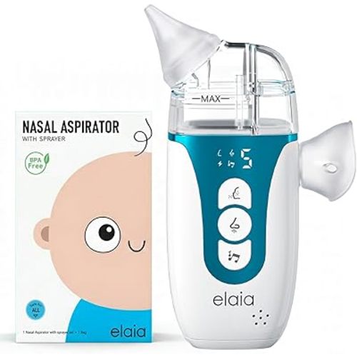 elaia Nasal Aspirator for Baby with Spray, 2-in-1 Electric Baby Nose Sucker with Fine Mist 5 Suction Levels up to 65kPa, BPA-Free, Quiet Baby Nasal Aspirator, Portable Snot & Booger Sucker for Infants