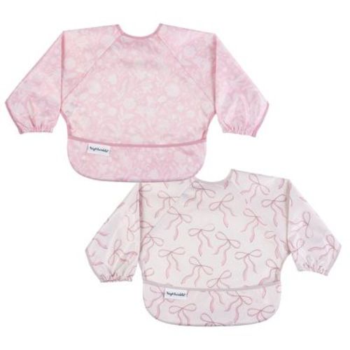 Tiny Twinkle Mess-Proof/Waterproof 2-Pack Long-Sleeve Baby Bib, Machine Washable Smock for Eating (Toile/Bows, Small 6-24 Months)