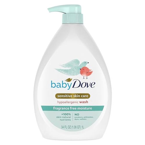 Baby Dove Sensitive Skin Care Baby Wash Fragrance Free Moisture For Baby Bath Time Fragrance Free and Hypoallergenic, Washes Away Bacteria 34 oz (Pack of 1)