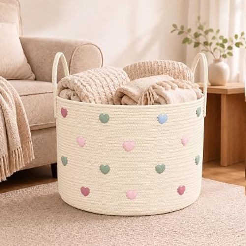 LemonRoad Cream Heart Laundry Hamper Large Cotton Rope Storage Basket