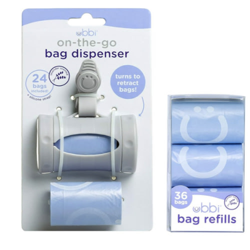 Ubbi On-the-Go Gray Bag Dispenser and Waste Disposal Bags Refill, 60 Lavender Scented Diaper Bags, Baby Savings Bundle, New Parent Gift