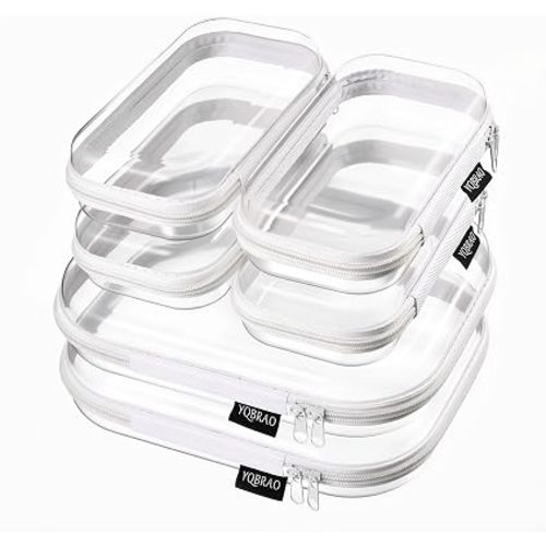 6 Pack Clear Hard Shell Beauty Organizer (2M+4S), 1.2mm Crush-Proof Cosmetic Case, Reinforced YKK Zippers, Stadium Approved Security Bag for Skincare, Toiletries & Electronics, Multi-Size Set