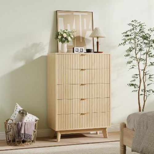 Fluted 5 Drawer Dressers, Closet Dressers Chest of Drawers, Wood Drawers Organizer for Bedroom Living Room Hallway Closet,Natural Oak
