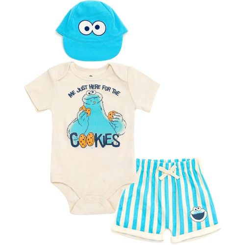 Sesame Street Baby Bodysuit, Shorts and Baseball Cap 3 Piece Outfit Set Newborn to Infant Sizes (Newborn - 24 Months)