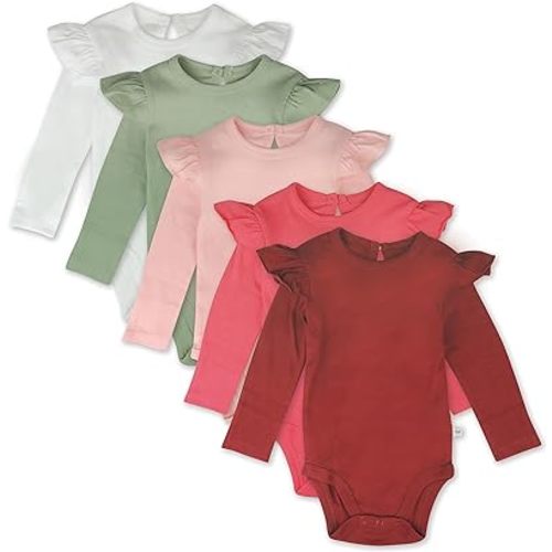 HonestBaby baby-girls 5-pack Long Sleeve Ruffle Shoulder Bodysuits 100% Organic Cotton for Infant Baby Girls