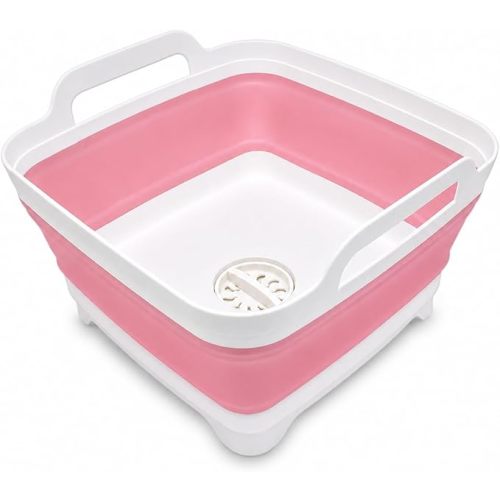 2.4 Gal(9L) Collapsible Dish Basin with Drain Plug, Space Saving Outdoor Multiuse Foldable Sink Tub, Dishpan, Kitchen Storage Tray for Camping, Vegetable Washing, RV (Pink)