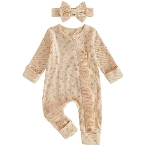 Socutebabe Newborn Baby Girl Fall Winter Clothes Coming Home Outfit Ruffle Romper Cute Ribbed Knit Jumpsuit Headband