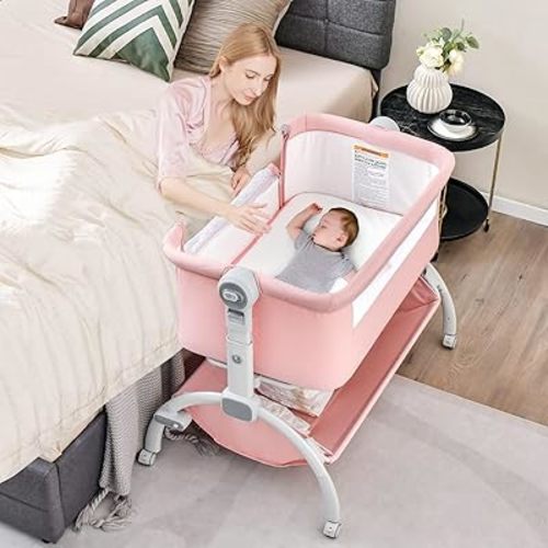 INFANS 3 in 1 Baby Bassinet, Bedside Sleeper, Rocking Cradle, Easy Folding Portable Safer Co-Sleeping Crib with Height Adjustable, Wheels Storage Basket Travel Bag for Infant Newborn (Coral)