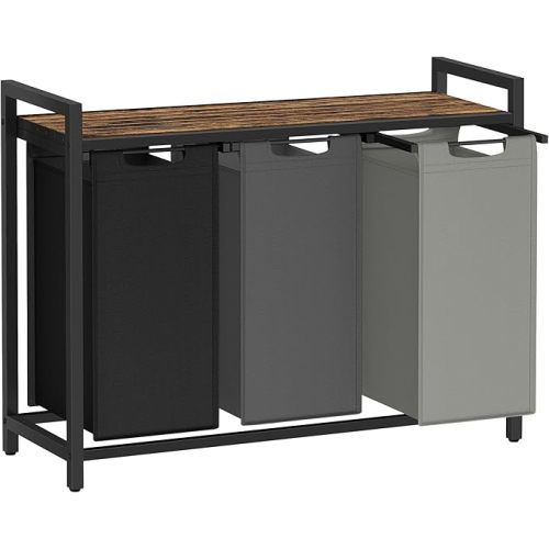 VASAGLE Laundry Hamper, Laundry Basket, Laundry Sorter with 3 Pull-Out and Removable Bags, Shelf, Metal Frame, 3 x 10.6 Gallons (40 L), 36.4 x 13 x 28.4 Inches, Tricolor and Rustic Brown UBLH301X01