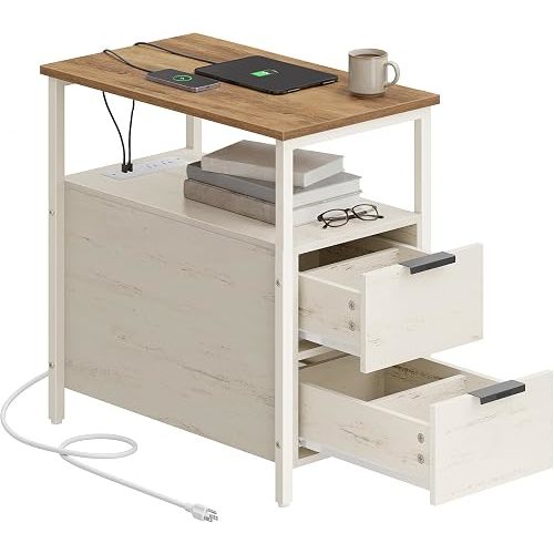VASAGLE Side End Table with Charging Station, Slim Nightstand with 2 Drawers, Narrow Bedside Table for Living Room, Small Spaces, Honey Brown and Rustic White ULET321W01V1S