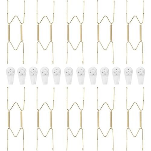 10-Pack Invisible Wall Plate Hangers, 8 Inch Brass Plate Holders with 12-Pack Wall Hooks