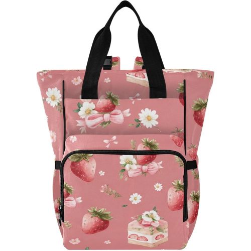 Bolaz Strawberry Cake Bow Diaper Bag Backpack Tote Multifunction Baby Nappy Changing Bags Large with Stroller Straps Travel
