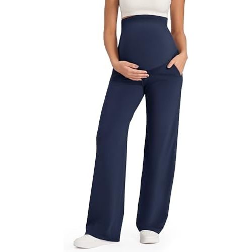 G4Free Maternity Pants Over The Belly Yoga Dress Work Pregnancy Pants Stretchy Lounge Wide Leg Trousers with Pockets