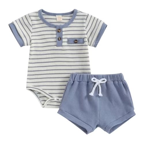 Hirigin Newborn Baby Boy Summer Clothes Set Stripe Button Short Sleeve Romper Bodysuit Shorts Set 0 3 6 12 18 Months Soft Waffle Outfit