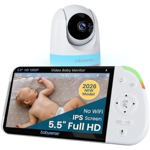 Babysense PRO Non-WiFi Full HD 5.5" Split Screen Baby Monitor with Camera and Audio, 6-Color Night Light, White Noise, Sound & Light Machine, 20-Hour Battery, Hack-Proof Secure Connection