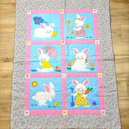 Vintage patchwork quilt blanket with rabbits, baby blanket, nursery decor, handmade in cottage style