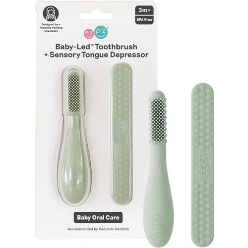 ezpz Baby-Led Toothbrush + Tongue Depressor Dual Pack (Sage) - 100% Silicone Toothbrush + Silicone/Stainless Steel Tongue Depressor - Helps Set-up Infants for a Healthy Oral Care Routine