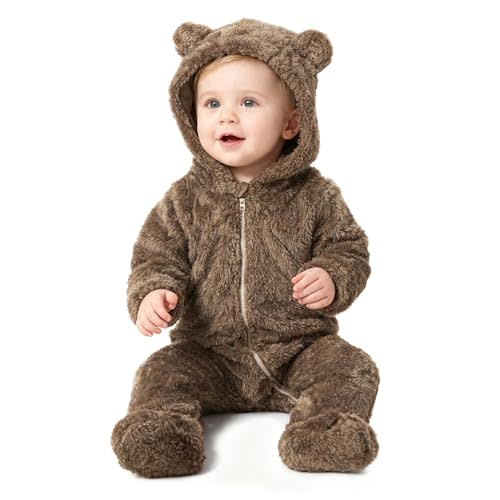 Baby Plush Long Sleeve Polar Fleece Jumpsuit With Bear Ears Baby Fleece Hooded Jumpsuit Infant Winter Outfit