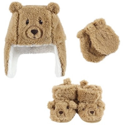 Hudson Baby Trapper Hat, Mitten and Bootie Set, Tan Bear, 0-6 Months