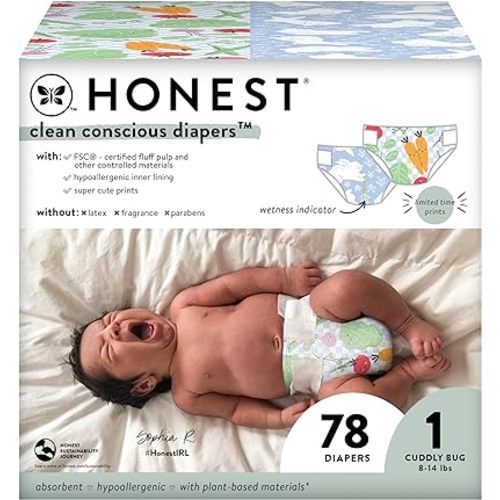 The Honest Company Clean Conscious Diapers | Plant-Based, Sustainable | Spring '24 Limited Edition Prints | Club Box, Size 1 (8-14 lbs), 78 Count - Size 1 (78 Count)
