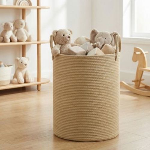 LEDREM Tall Woven Rope Laundry Basket, 13.2 Gal Storage Bin for Blankets Toys Clothes, Cotton Rope with Handles, Yellowish Brown