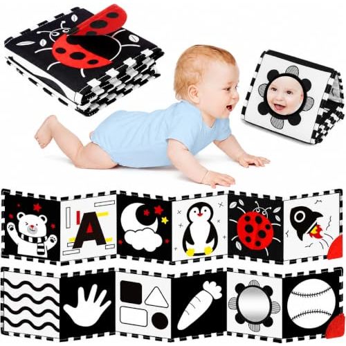 BBWOO High Contrast Baby Toys for Newborn, Tummy Time Mirror, Black and White Baby Toy for 0-6 Months, Soft Montessori Visual Stimulation Infant Book, Boy Girl Shower Gift