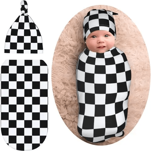 Checkered Black And White Baby Stuff New Born Swaddle Baby Blanket Sleep Sack Soft Stretchy Transition Baby Swaddle Wrap Receiving Blankets With Beanie Hat Sets Gifts For 0-6 Month Boy Girl And Infant