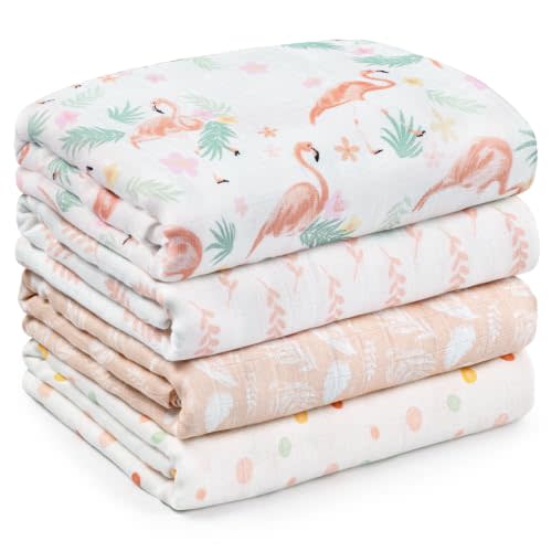 GLLQUEN BABY Muslin Swaddle Blankets 4Pk Receiving Blanket Large 40" x 35" | Soft Cotton Baby Blankets for Girls Boys Breathable Nursery Swaddles for Newborns, Baby Essentials Shower Gift, Flamingo