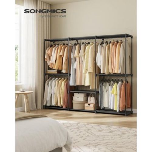 Freestanding Closet Organizer with Hanging Rods & Shelves, Portable Wardrobe Rack, Tool-Free Assembly, Anti-Tip Kit, for Bedroom/Cloakroom, Black