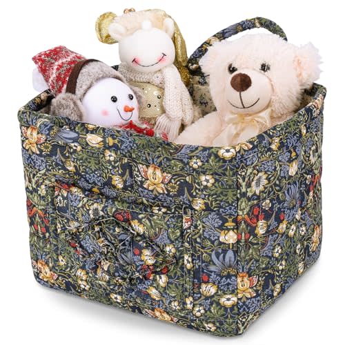 Storage Basket Boho Fabric Large Collapsible Floral Laundry Nursery Hamper Portable Folding Storage for Clothes Toys (Blue)