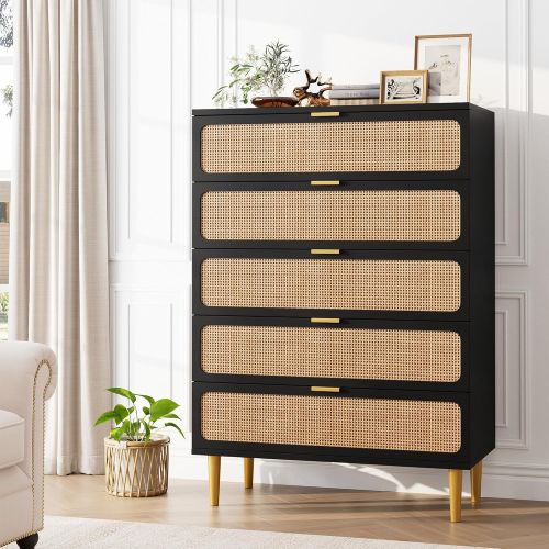 Garvee Modern Rattan 5 Drawer Dressers for Bedroom Tall Dresser with Deep Drawers Large Chest of Drawers for Closet with Wide Top Long Wooden Dresser for Living Room Hallway Kids Room