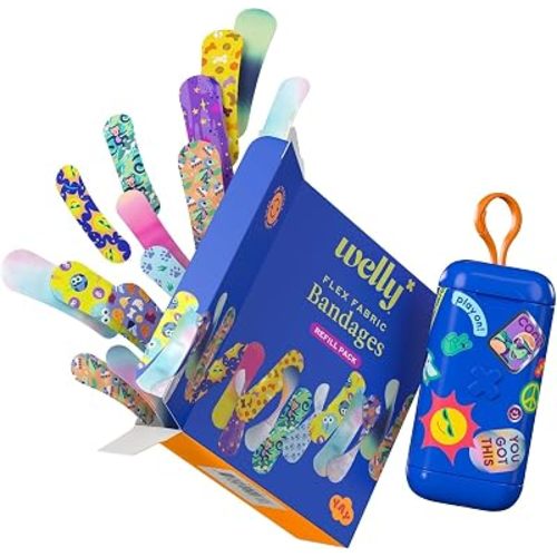Welly Bandage Clip N' Go Tin & Refill Pack | Adhesive Flexible Fabric Bandages and Tin | Assorted Shapes and Patterns for Minor Cuts, Scrapes, and Wounds - 100 Count