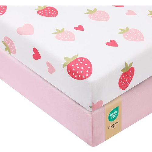 Baby Crib Sheets Girl, Toddler Bed Sheets Fitted for 52x28 Inch Standard Crib Mattress for Baby Girls, Set of 2 Super Soft Breathable Microfiber (Strawberry+Pink, 52x28 Inch (Pack of 2))