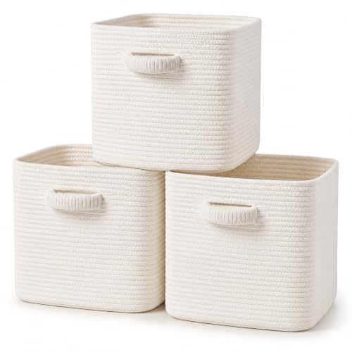 13 Inch Cube Storage Bins, 3 Pack Cotton Rope Woven Baskets for Organizing, Square Storage Baskets with Soft Cotton-rope Wrapped Handles for Shelves, Closet, Nursery, Clothes, Book and Bathroom