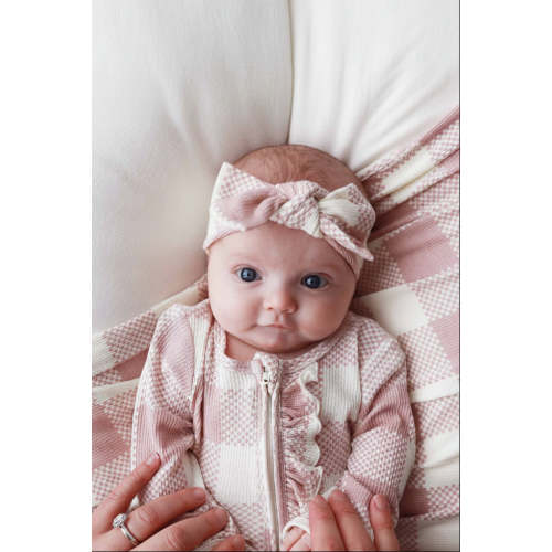 Big Check Bamboo Waffle Zipper Ruffle Footie | Rosy