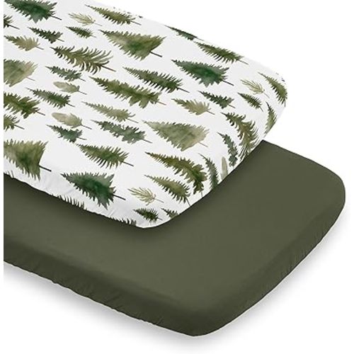 Sweet Jojo Designs 2-Piece Baby Bassinet Sheets Set (Sage Green Woodland) for Girls/Boys, Infant Newborn Nursery, Oval, Rectangle & Hourglass Mattress (Solid Hunter & Forest Themed, Nature, Pine Tree)