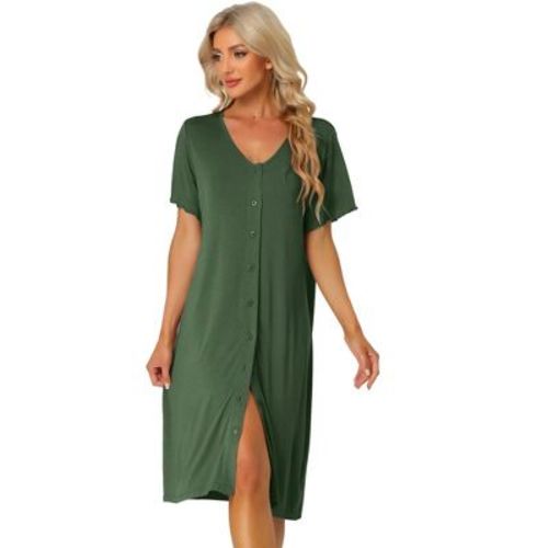 cheibear Womens Modal Nightshirt Soft Button Down Nightgown Short Sleeve Pajama Sleepshirt, Color: Army green, Size: medium