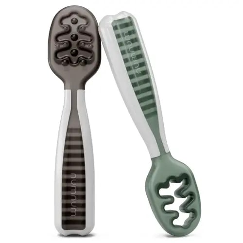 NumNum GOOtensil Pre-Spoons | Baby Spoon Set (Stage 1 + Stage 2) | BPA Free Silicone Self Feeding Toddler Utensils | for Kids Ages 6 Months+, 1-Pack, 2 Spoons, Storm Gray/Glacier Green