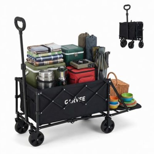 Collapsible Wagon Cart Max 220lb Load & Expandable Storage, Foldable Heavy Duty Garden Cart with Cup Holders for Groceries, Garden & Camping
