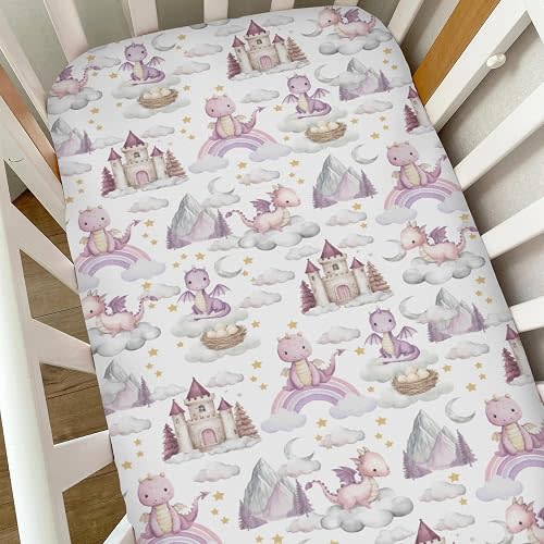 Pink Baby Dragons Crib Sheets for Boy Girl Fairytale Dragon Castle Trees Moon Rainbow Soft Stretchy Fitted Crib Mattress Cover for 52''x28'' Standard Crib & Toddler Mattress Fantasy Animal Bed Sheet
