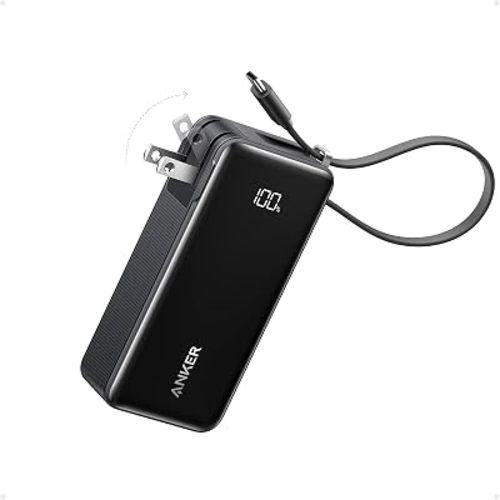 Anker Nano 3-in-1 Portable iPhone Charger, 10,000mAh Power Bank with Built-in USB-C Cable and Foldable Wall Plug, 30W Max Battery Pack, Travel Essentials for iPhone 17/16/15 Series, Galaxy, MacBook
